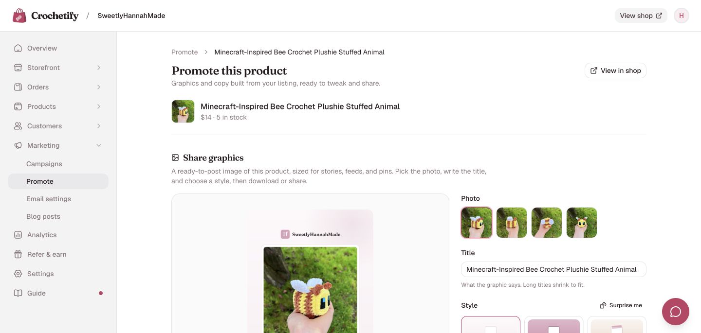 Crochetify's product promotion builder with a promo preview, product photos, title, and style controls