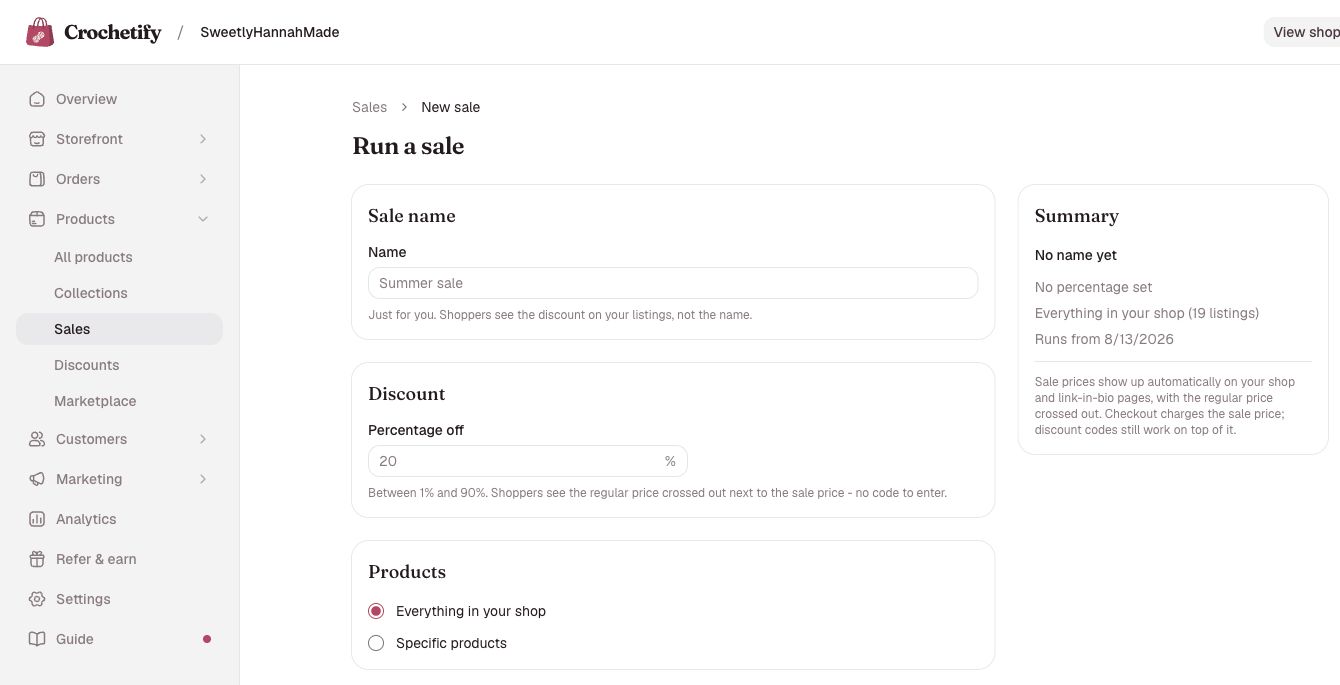 The Run a sale form in Crochetify with name, discount, product, and summary fields