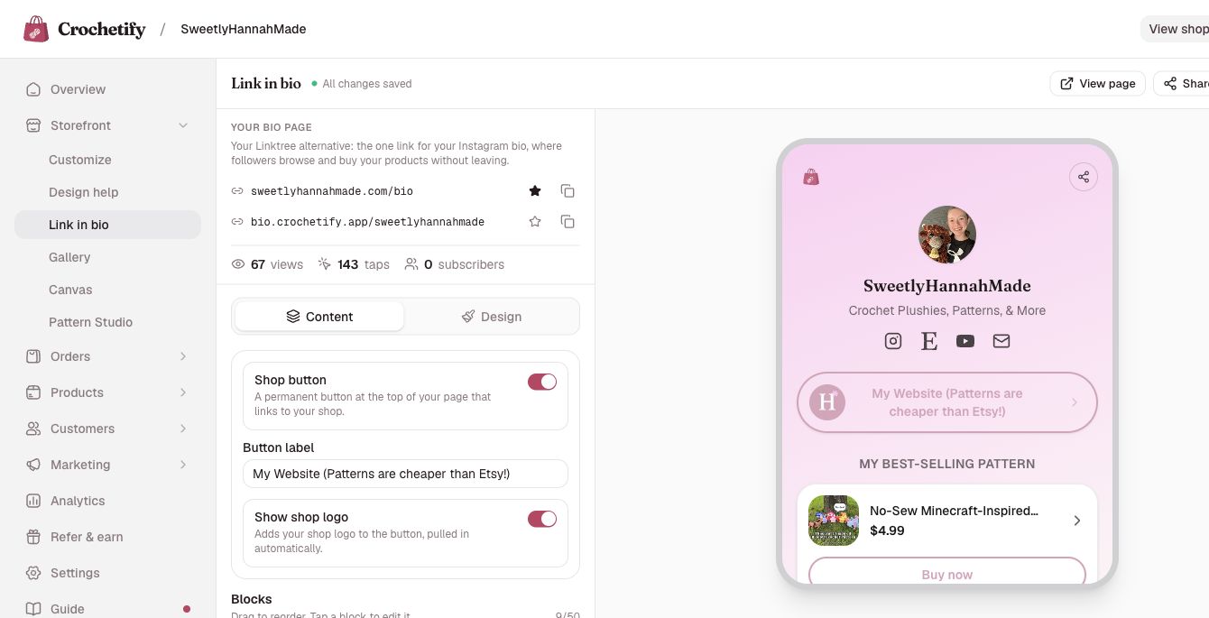 The Crochetify link-in-bio editor with page links, content controls, and a phone preview