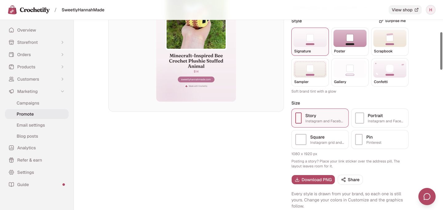The Story size selected in Crochetify with the Download PNG button and link-sticker guidance